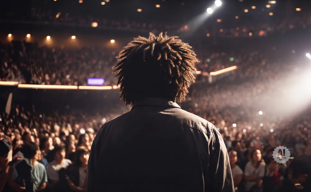 A person with dreadlocks stands on a stage, facing a large, dimly lit audience at a concert.