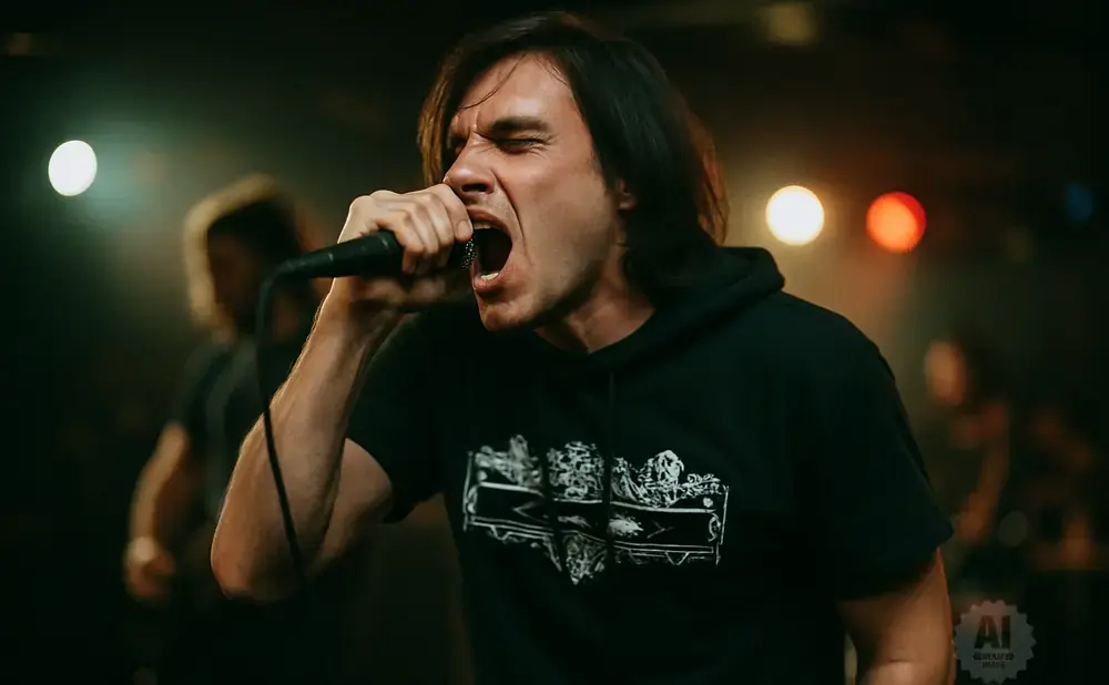 A male singer with long, dark hair belts into a microphone on stage.