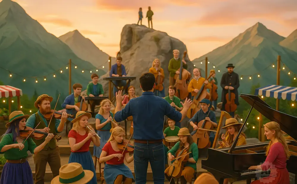 An orchestra plays outdoors in front of mountains, with string instruments and a piano.