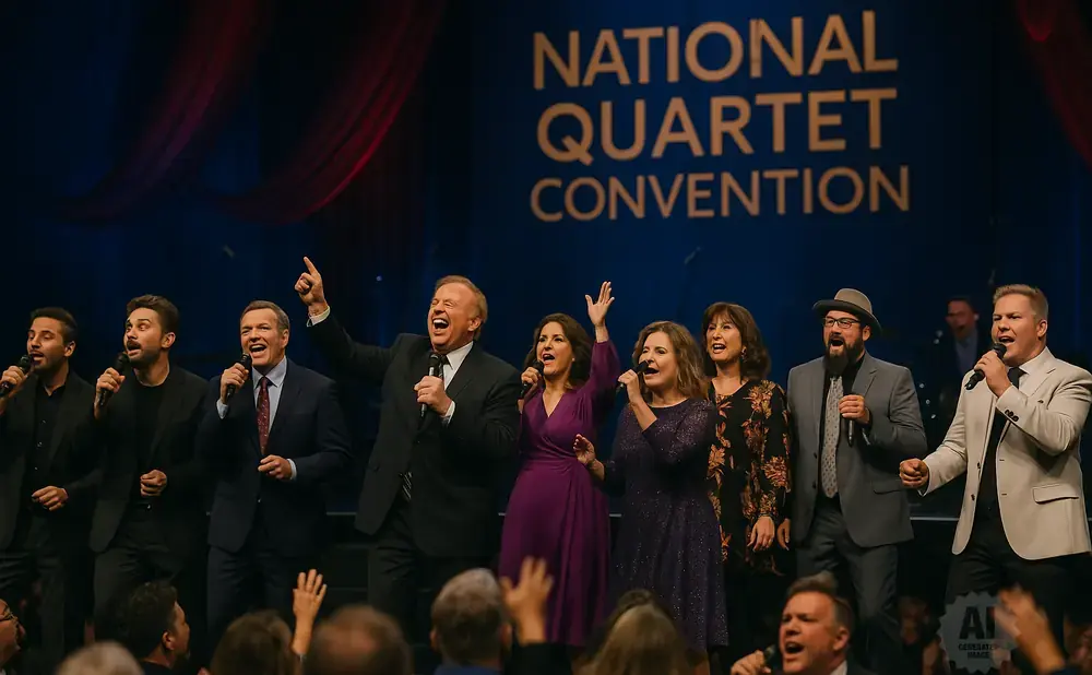 A group of singers performs on stage at the National Quartet Convention, with a banner behind them.