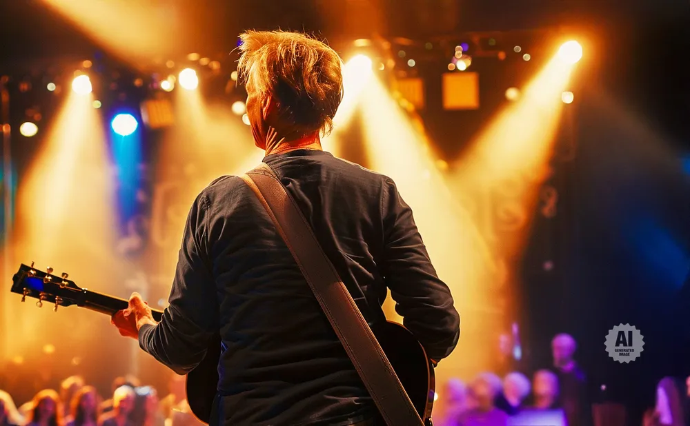 Guitarist playing on a stage with bright lights and an audience.