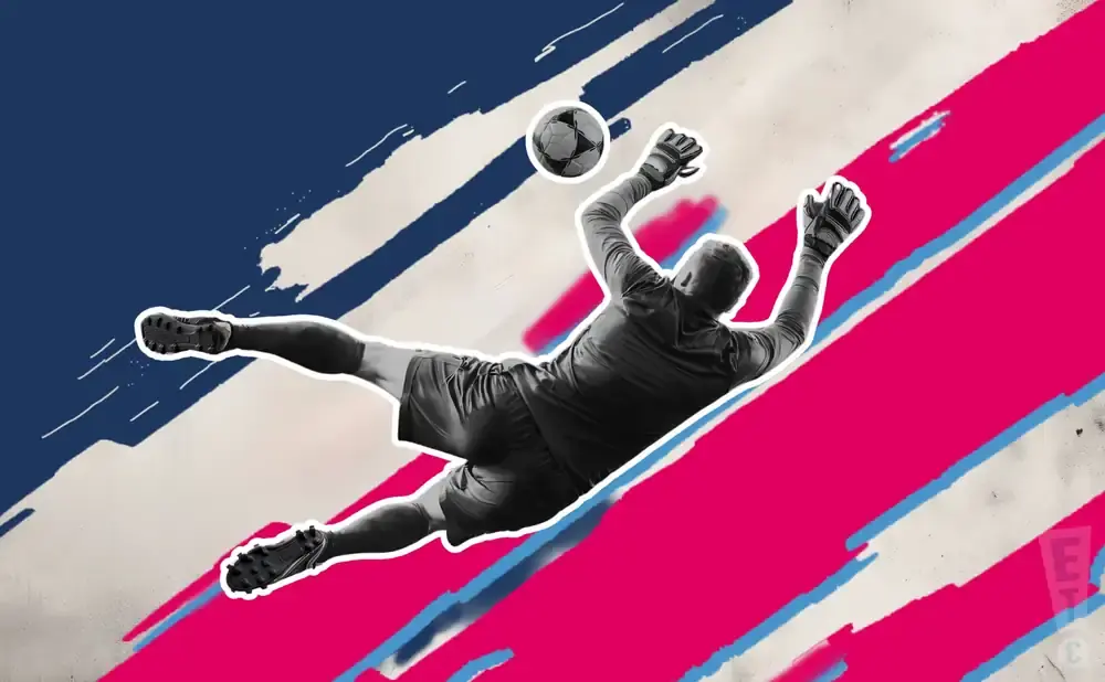 A goalkeeper dives to catch a soccer ball against a backdrop of abstract blue and pink stripes.