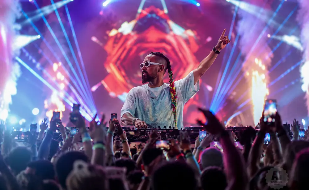 A DJ performs at a concert, with a crowd holding up phones to record.
