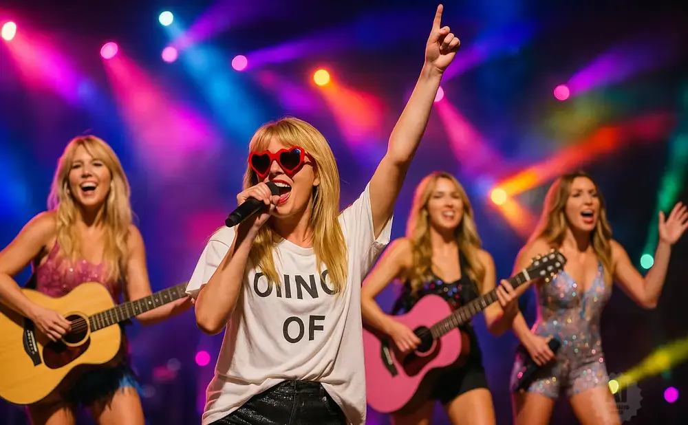 A female singer with heart-shaped sunglasses and two guitarists perform on a colorful, spotlighted stage.