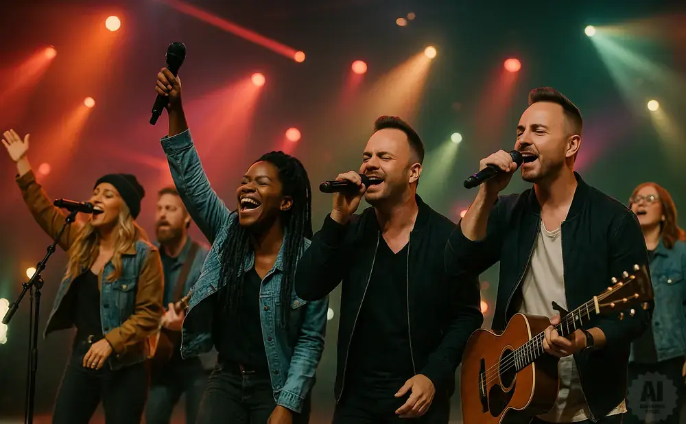 A diverse group of singers performs on stage with a guitarist playing an acoustic guitar.