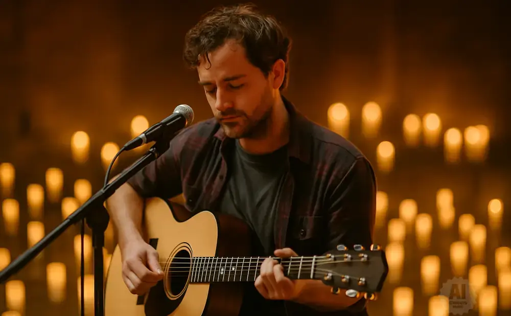 Man playing an acoustic guitar in front of a backdrop of lit candles.