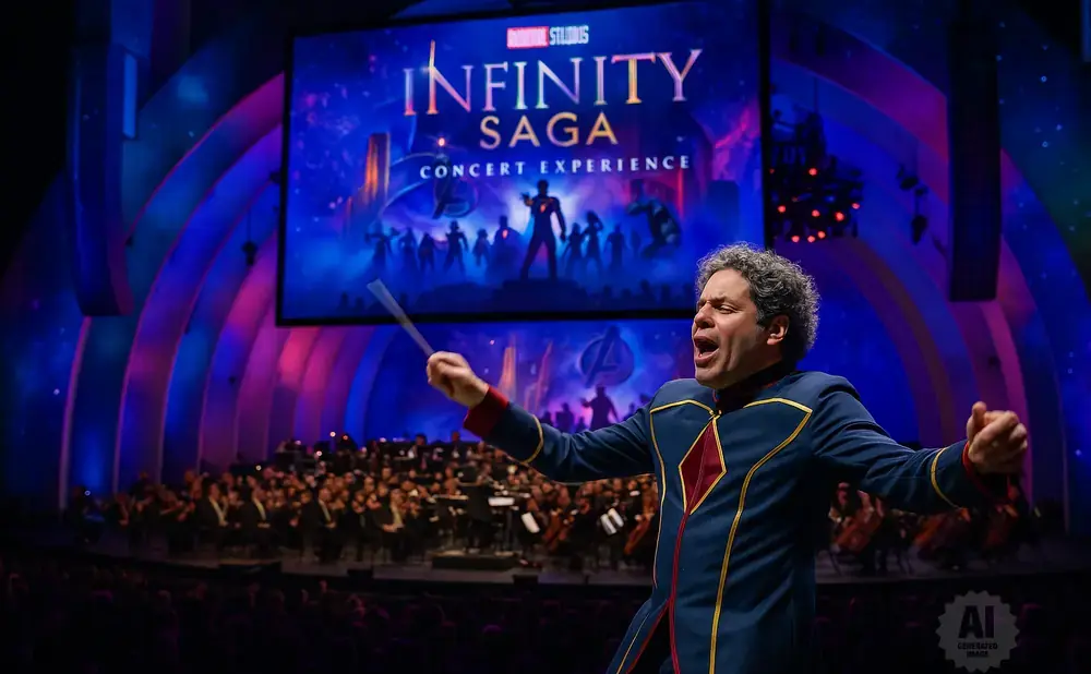 A conductor leads an orchestra during the Marvel Studios Infinity Saga concert experience, with a large screen displaying the event's title and superher…