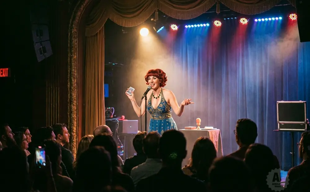 A performer in a blue dress sings into a microphone on stage, with an audience watching.