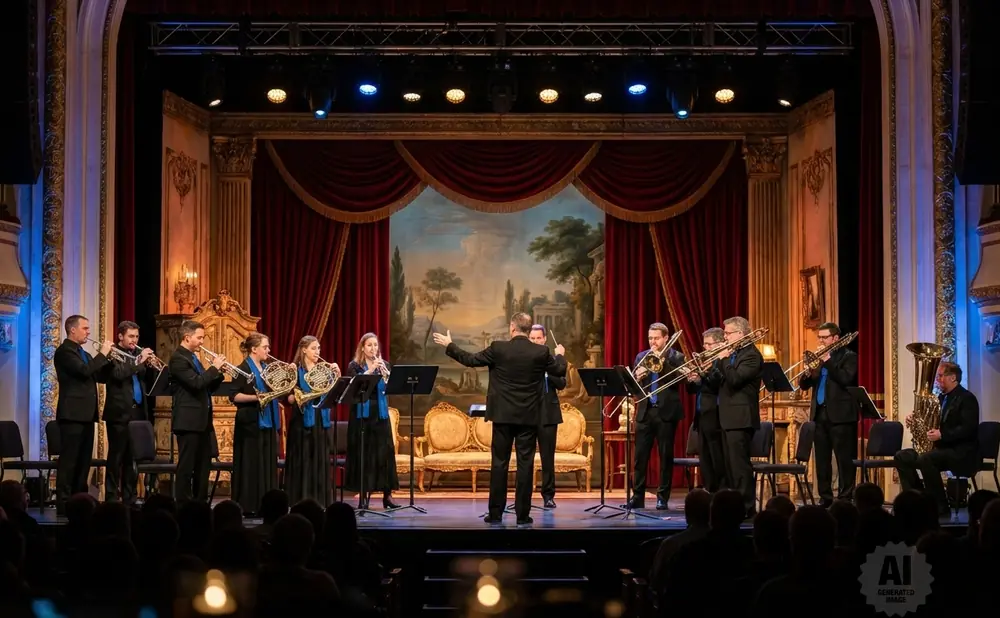An orchestra performs on a stage with red velvet curtains and ornate gold trim.