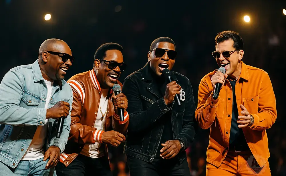 Four men in sunglasses and stylish outfits sing into microphones on a stage.