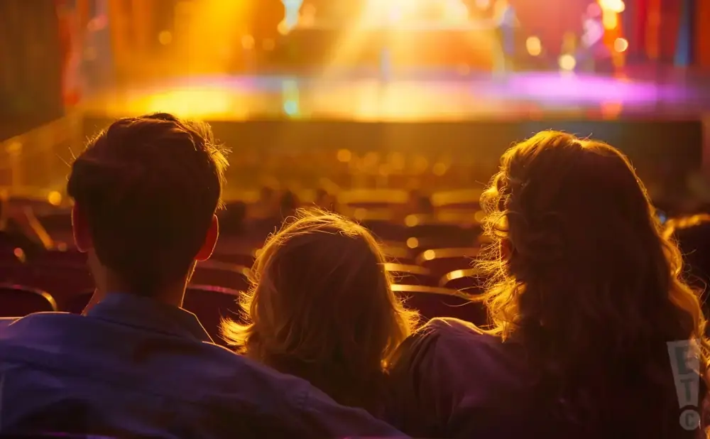 A family watches a brightly lit stage from the audience.