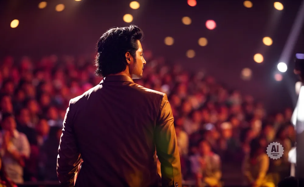 A man in a suit stands on stage, facing away from the camera, towards a blurry audience.