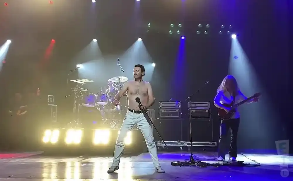A Freddie Mercury impersonator, shirtless in white pants, performs on stage with a band.