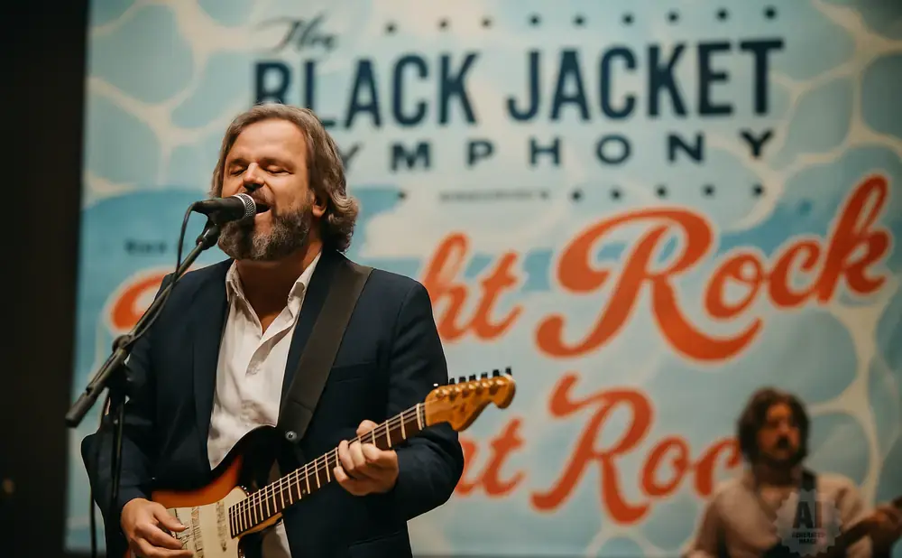 A bearded man in a suit sings and plays guitar on stage, with a banner behind him that reads 