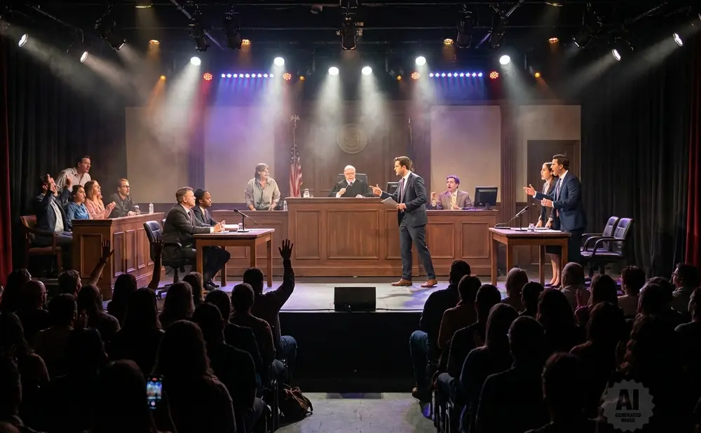 A courtroom scene on stage with actors as a judge, lawyers, and jury, with an audience in the foreground.