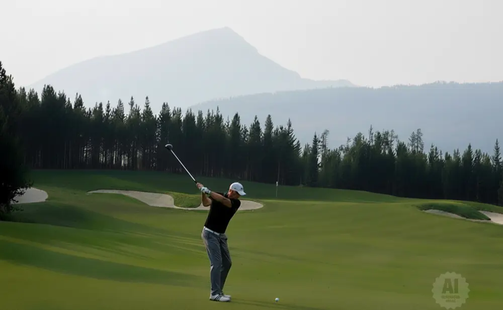 Golfer mid-swing on a lush green course with a line of pine trees and misty mountains behind.