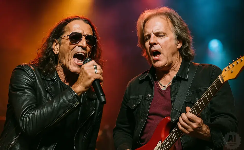 Two male rock musicians perform on stage, one singing into a microphone, the other playing a red guitar.