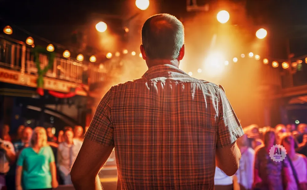 Man in plaid shirt facing away from camera on stage, with audience and string lights in the background.