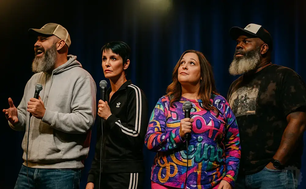 Four comedians stand on stage holding microphones, looking upwards.