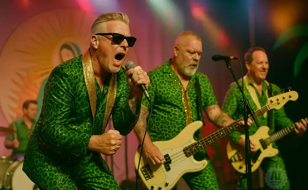 A band performs on stage wearing matching green leopard-print outfits. The lead singer, in a suit, sings into a microphone.