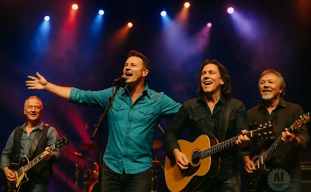 Four men play guitars and sing on a stage with colorful lights.