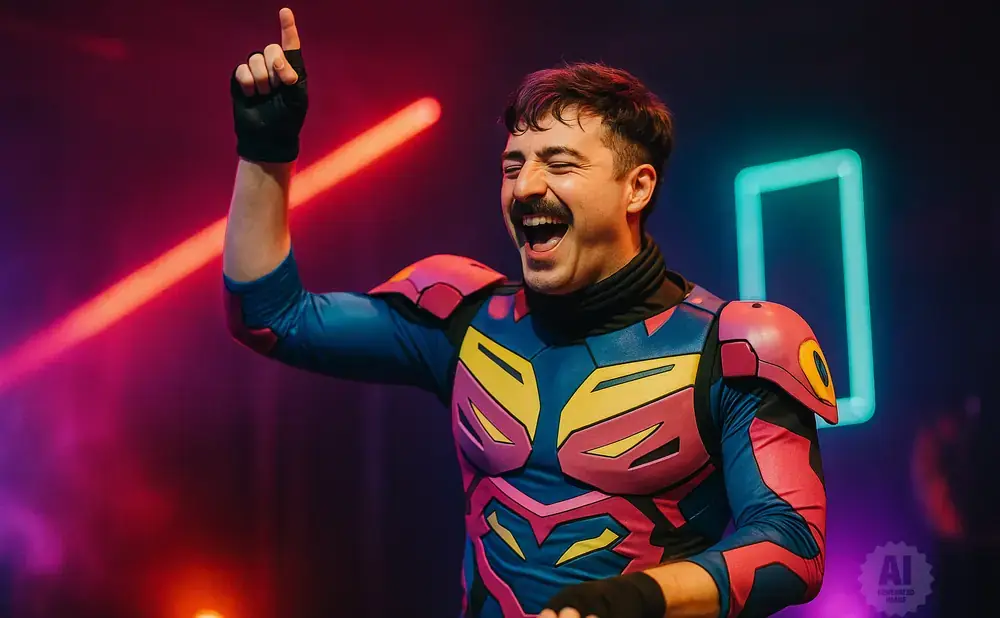 Man in colorful superhero costume with mustache raises a finger and laughs.