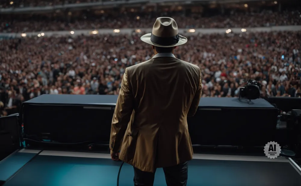 Man in a fedora and tan suit on stage facing a large crowd in a stadium.