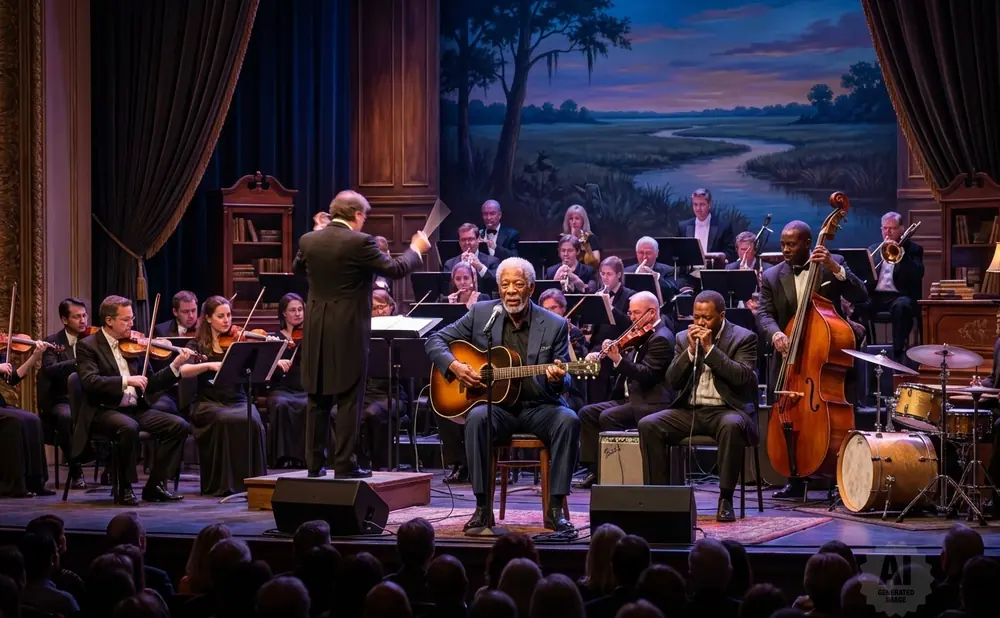 Morgan Freeman plays guitar with an orchestra and jazz band on stage.