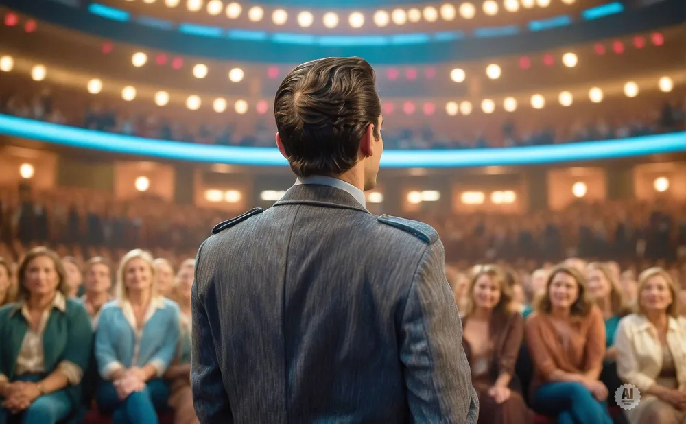Man in a gray suit facing an audience in a theater, with his back to the camera.