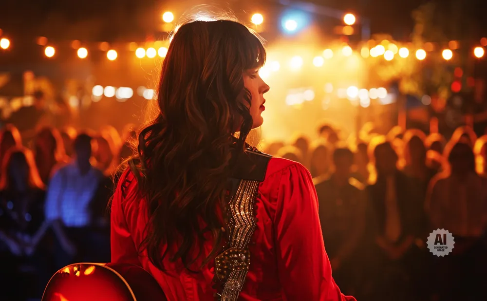 Woman in red shirt with guitar on stage, bathed in warm stage lights, performing for a crowd.