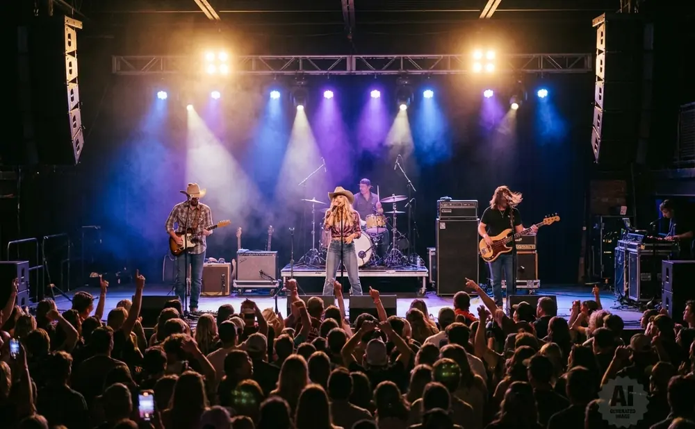 A country band performs on stage at a concert, with a large crowd in the foreground.