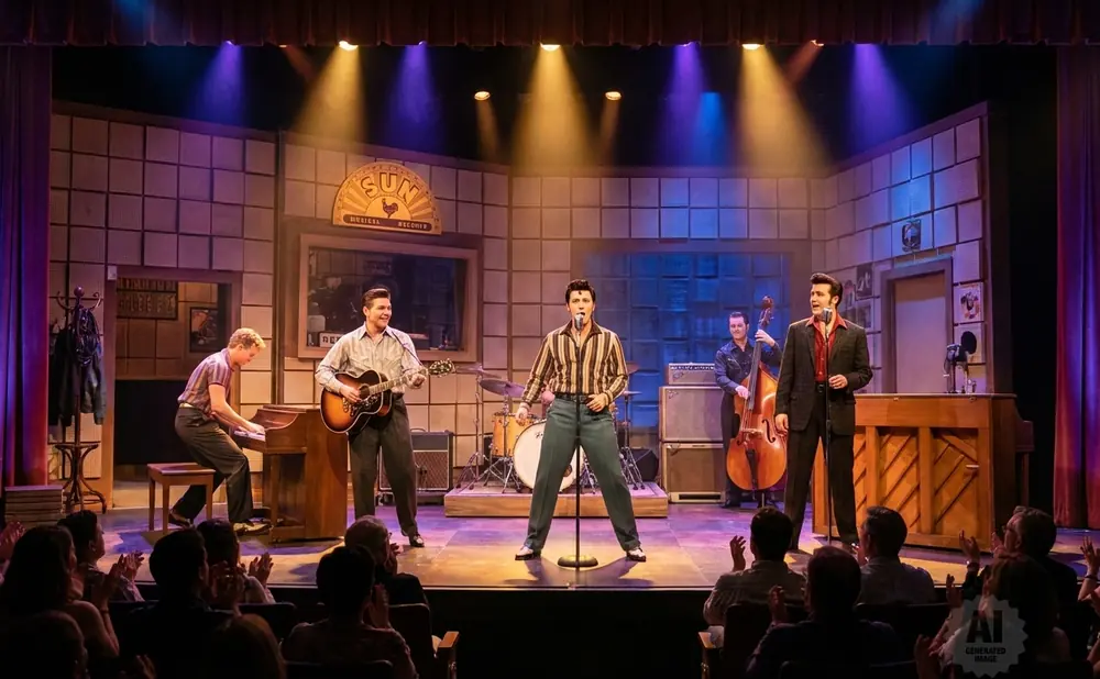 A band performs on a stage, with a singer in the center, a guitarist and pianist to the left, and a bassist to the right.