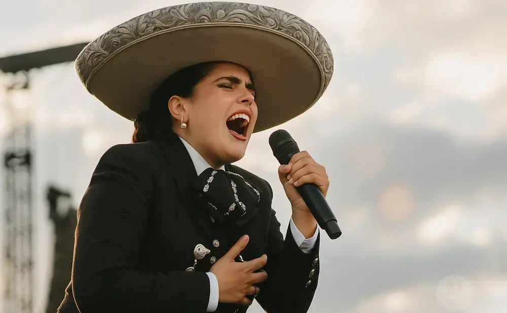 A mariachi singer in a sombrero and suit, singing into a microphone with her eyes closed.