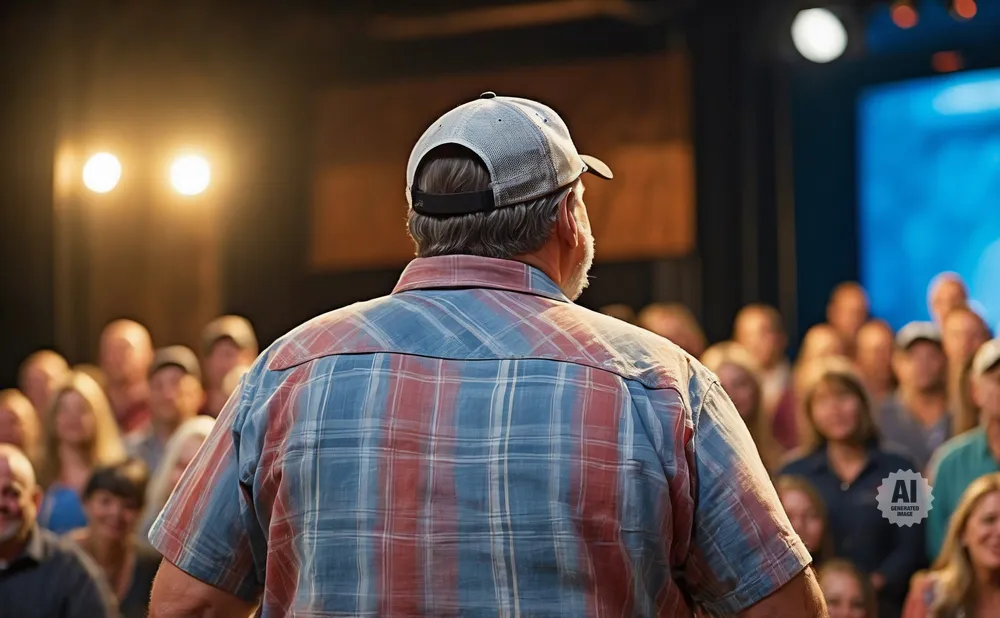 Man in a plaid shirt and baseball cap addresses a crowd.