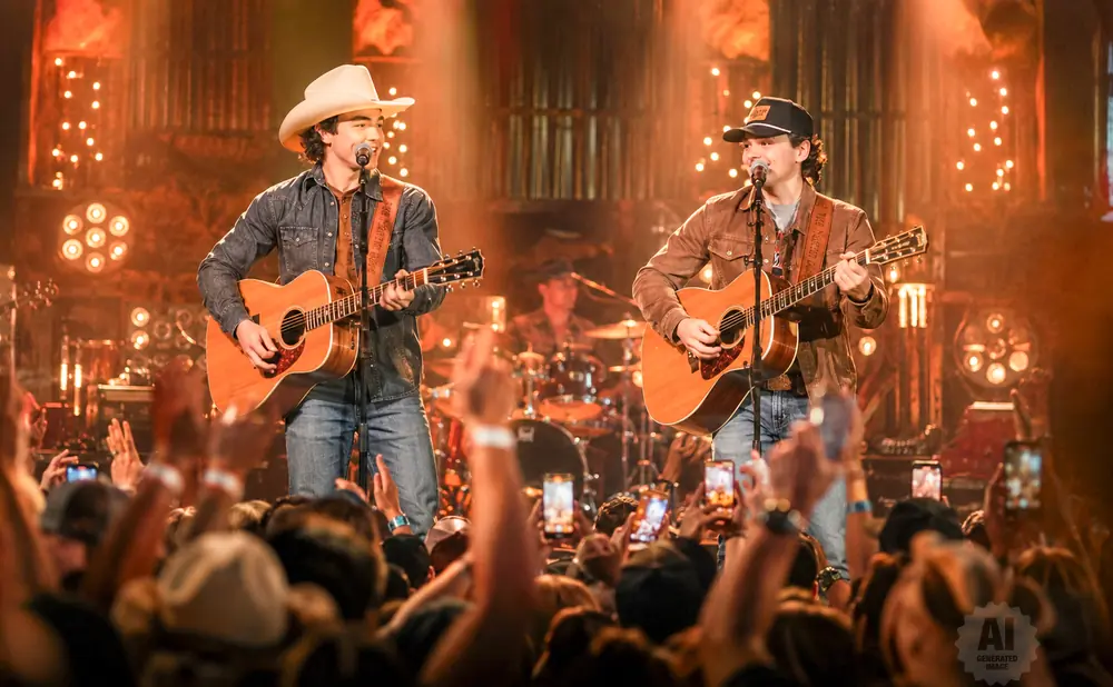 Two male country singers with guitars perform on stage, with a cheering crowd holding up phones in the foreground.