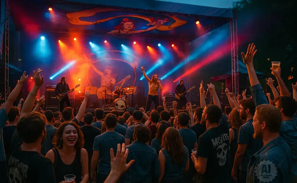 A rock band performs on an outdoor stage at night, lit by colorful stage lights, to an enthusiastic crowd.