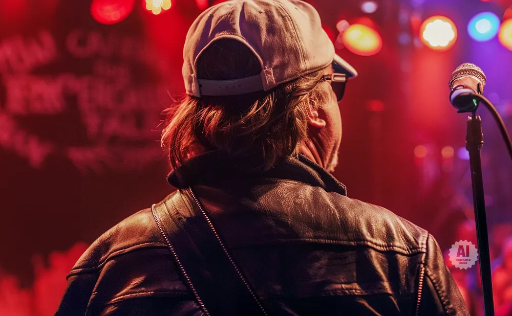 Back view of a man in a leather jacket and baseball cap singing into a microphone on a brightly lit stage.