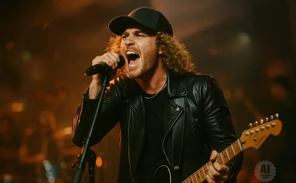 A man with curly hair wears a black leather jacket and a baseball cap while singing into a microphone and playing a guitar.