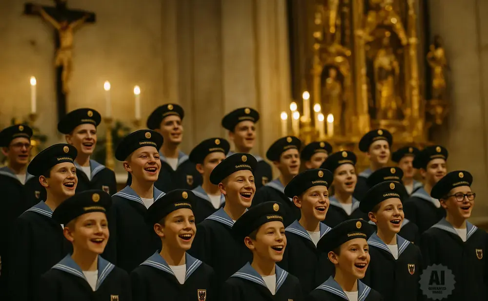 A choir of young boys in sailor-style uniforms and hats sing in a church.