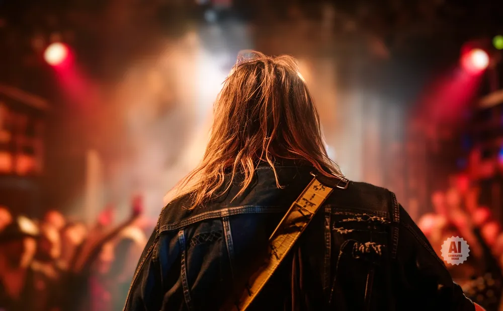 Musician with long, brown hair from behind, wearing a denim jacket on a dimly lit stage with a cheering crowd.