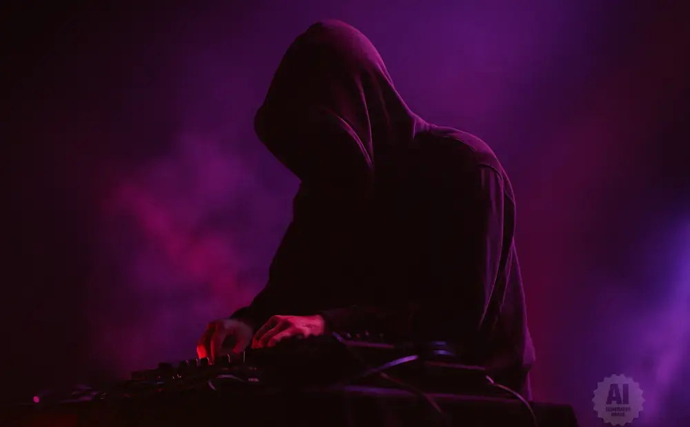 A person in a dark hoodie, face obscured, operates DJ equipment under purple and pink stage lights.