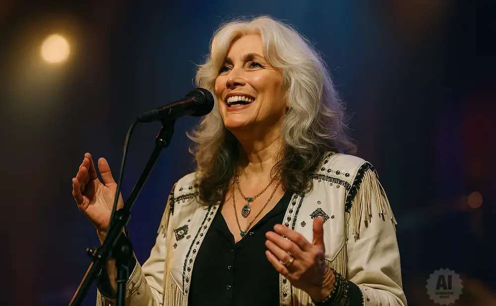 A smiling woman with white hair sings into a microphone, wearing a fringed jacket and necklaces.