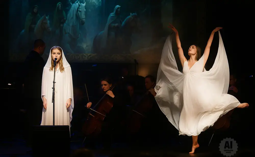 A young woman in a white hooded robe sings into a microphone while a dancer in a white gown poses on stage with an orchestra in the background.