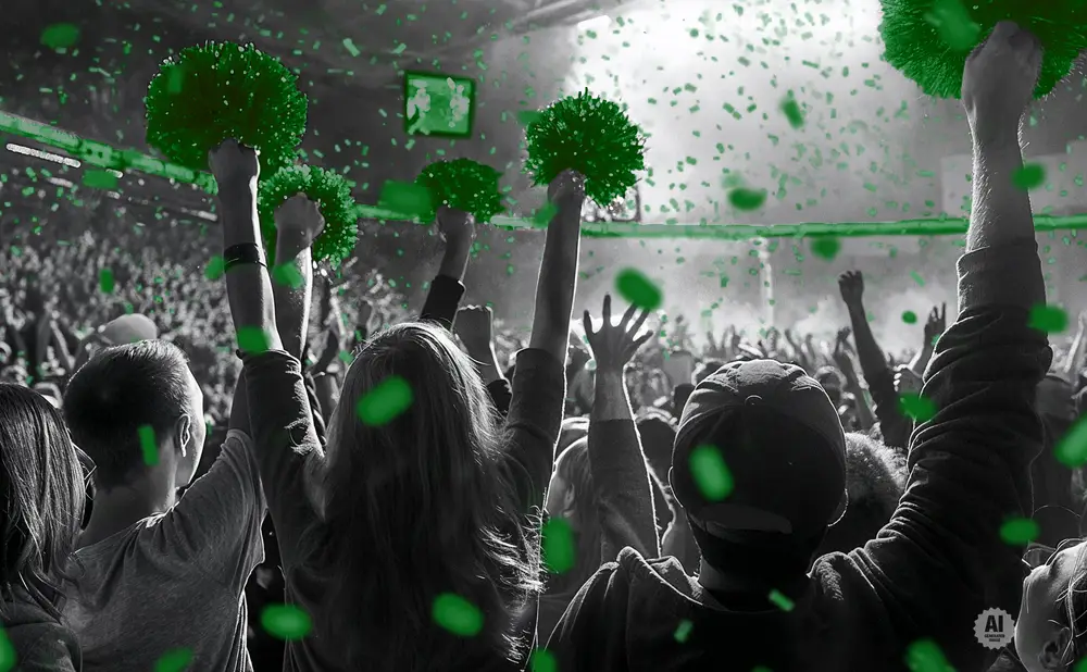 A crowd cheers at an event, raising green pom-poms and throwing green confetti.