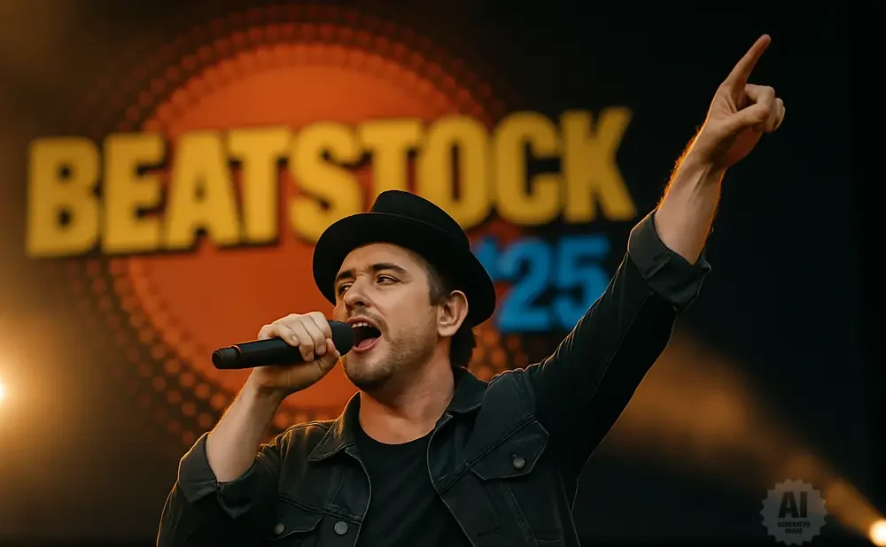 Singer in a black hat and jacket holds a microphone and points a finger in the air at Beatstock 2025.