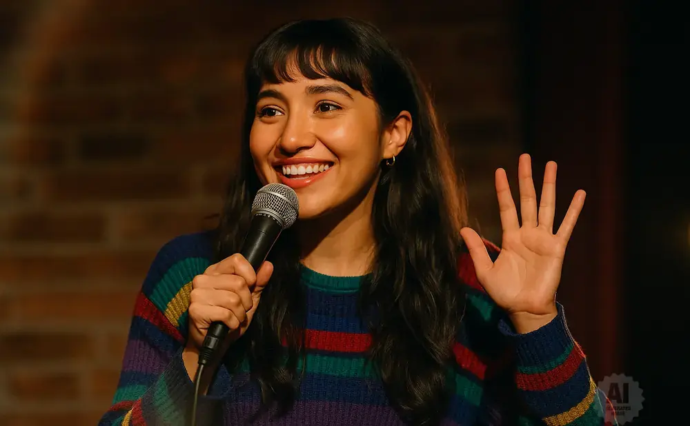 A smiling woman with dark hair and bangs holds a microphone and waves with her other hand.