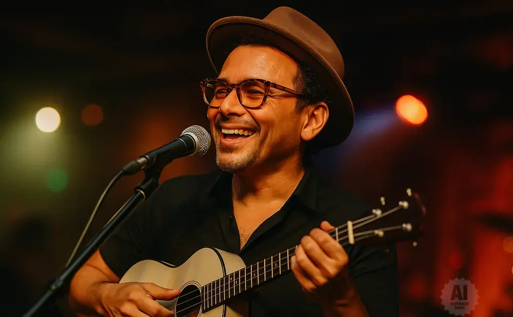 A smiling man in a hat and glasses sings into a microphone while playing a ukulele.