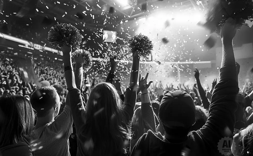 Black and white image of a cheering crowd at a concert, with confetti falling and hands raised holding pom-poms.
