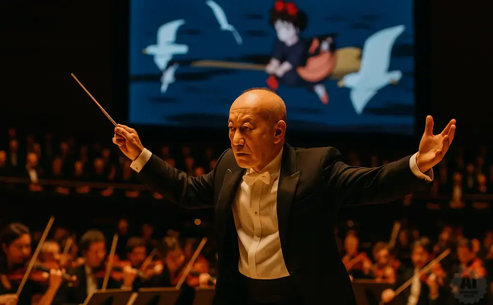 A conductor leads an orchestra with a projected image of Kiki's Delivery Service behind them.