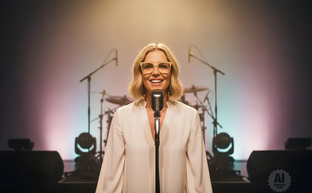 A smiling woman with blonde hair and glasses stands behind a vintage microphone on a stage, with a drum set in the background.